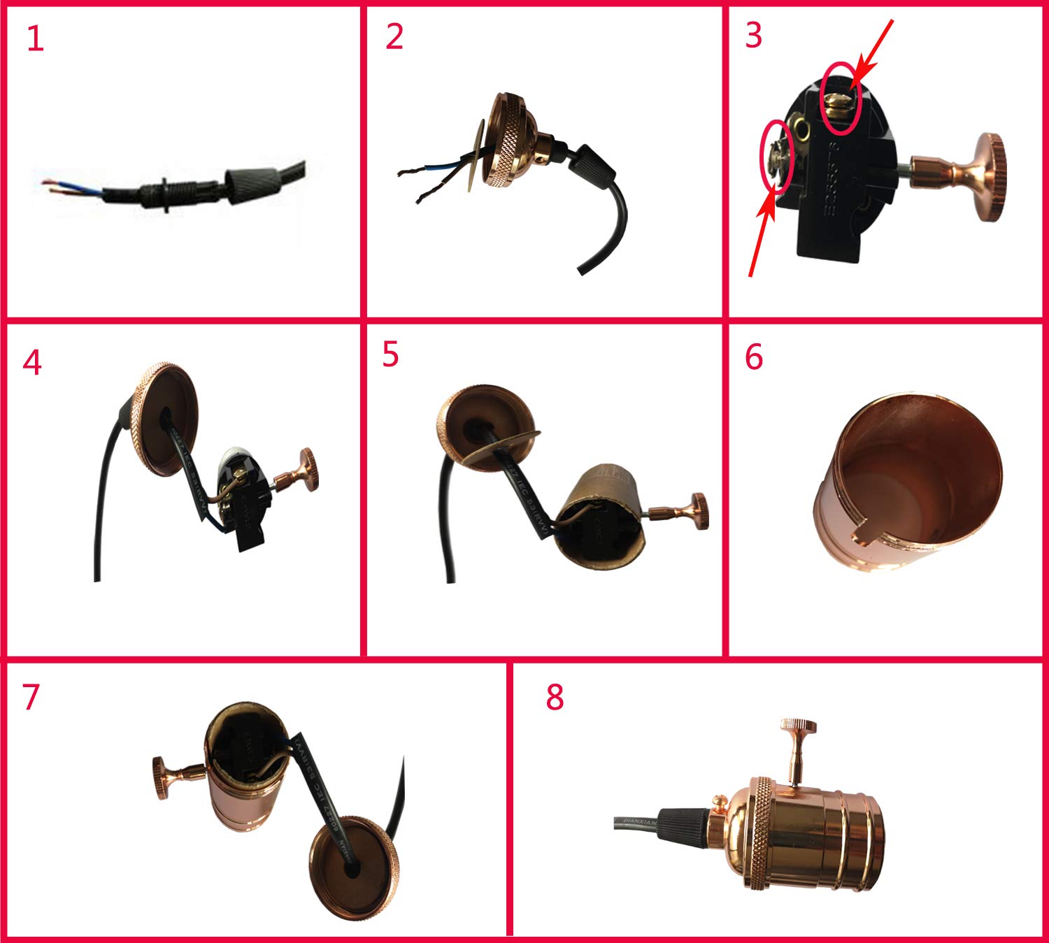 4 X E27 di Rame Retro Antico Con Interruttore Socket Screw Edison Luce della Lampada a Sospensione Holder (Rosa Golden)