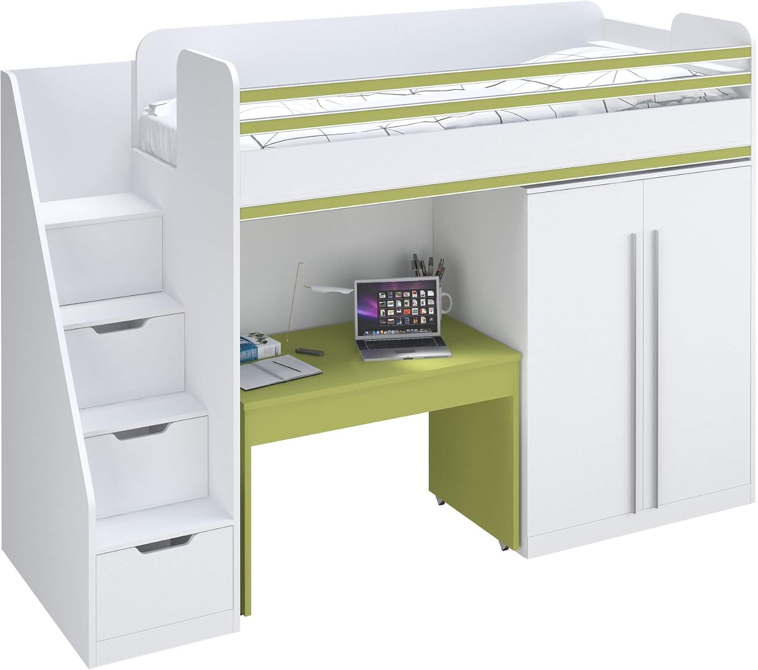Polini City 788862477 Lit Mezzanine Combine Avec Escalier Et Table Blanc Vert Amazon Fr Bebes Puericulture