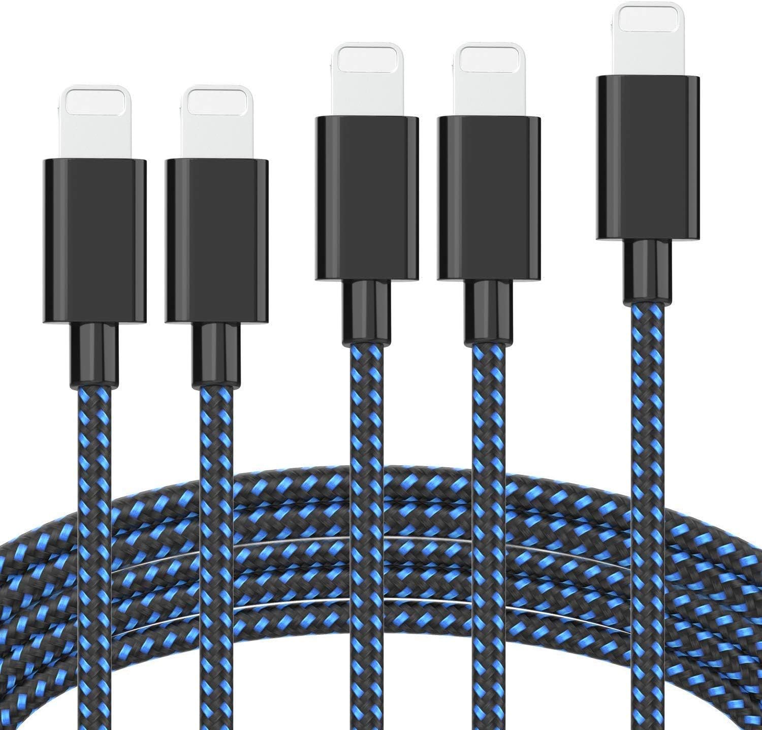 [5 Pack] iPhone Charger USB Charging Cord Nylon Braided Lightning Cable with Length 3FT/6FT/10FT for iPhone Xs/XS MAX/XR/X/8 Plus/8/7 Plus/7/6S Plus/6/5S/5E/5