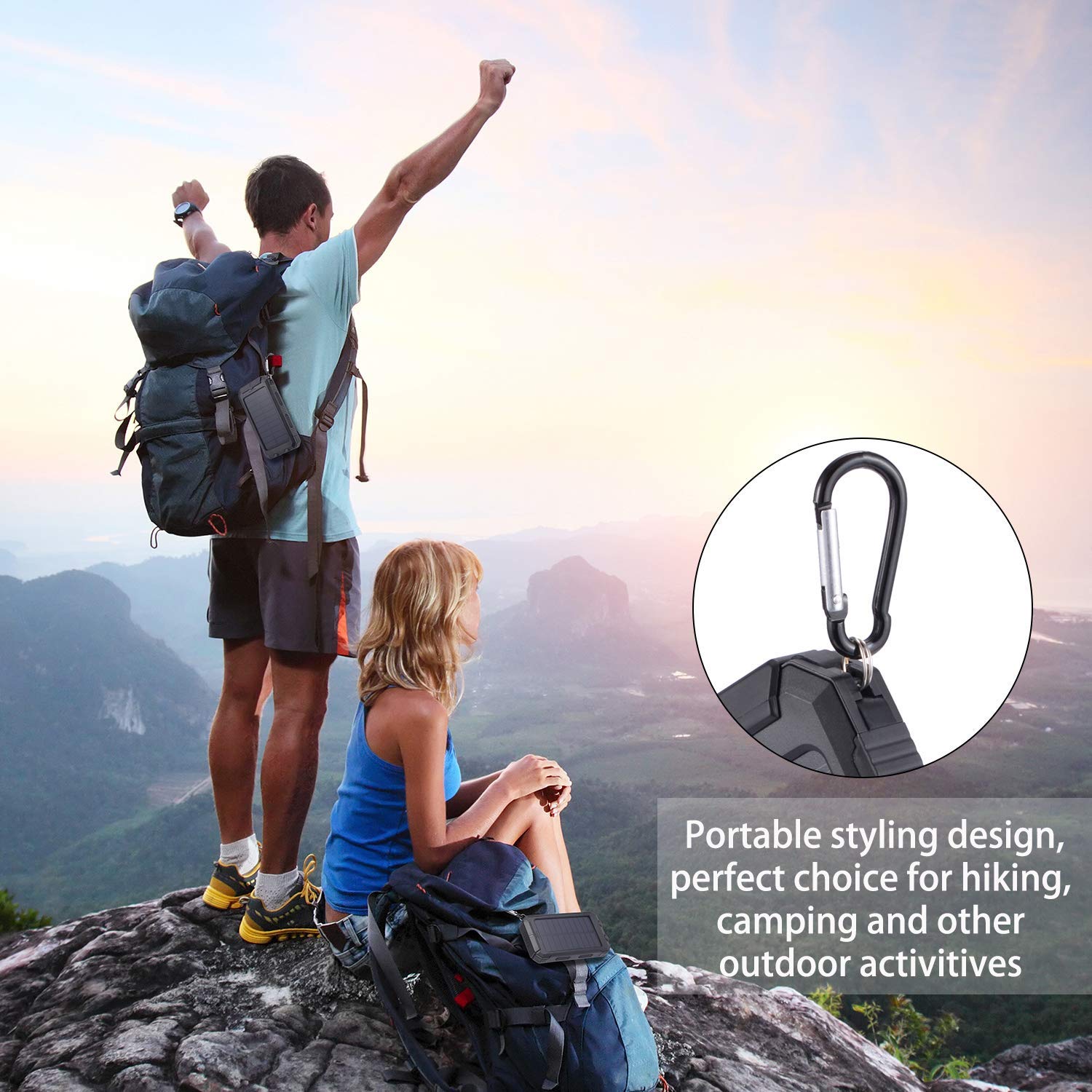 Batterie Externe Solaire 10000mAh, Chargeur Solaire avec Deux Lampes LED, Imperméable en Plein Air Double Sortie USB pour iPhone, iPad, Smartphone et Tablette, etc.