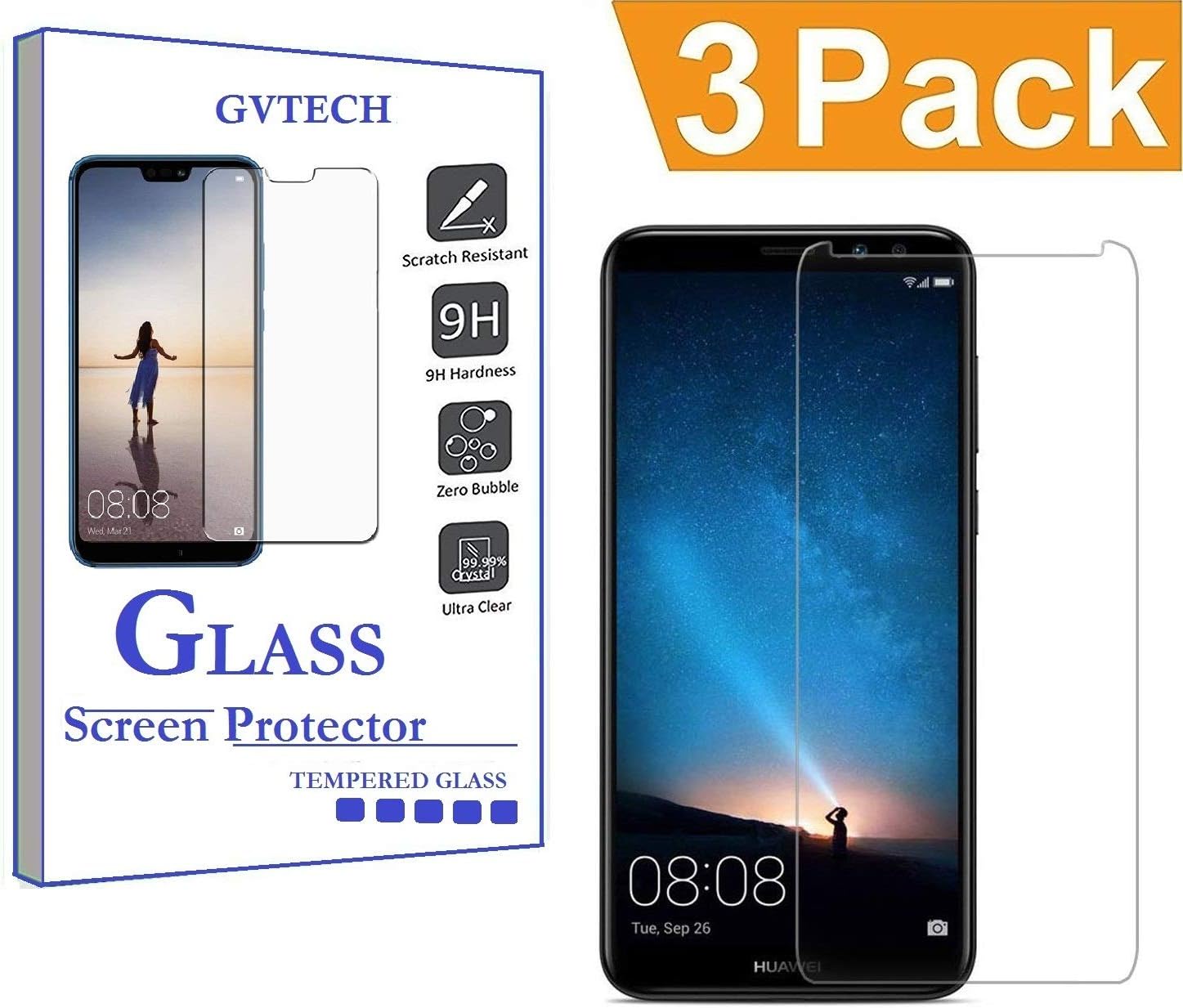 GVTECH for Huawei Mate 10 Lite Screen Protector, Tempered Glass Screen Protector[0.3mm, 2.5D][Bubble-Free][9H Hardness][Easy Installation][HD Clear] for Huawei Mate 10 Lite(3 Pack)