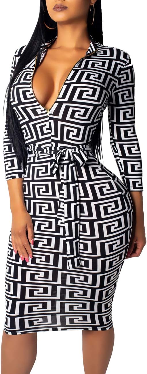 Women Sexy V Neck Dresses Elegant Bodycon Long Sleeve Stretchy Pencil Business Suiting Slim Fit Zipper