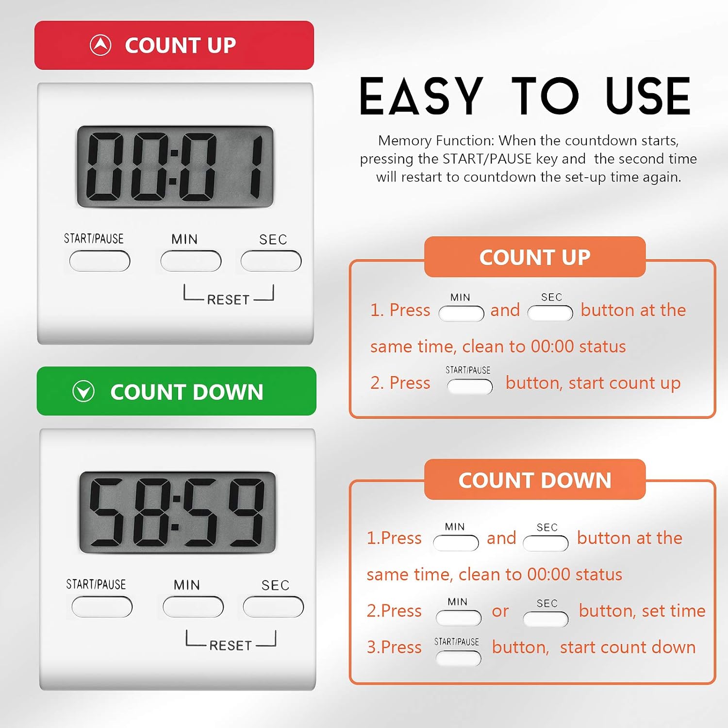 2 Pieces Digital Kitchen Countdown Timer White Kitchen Cooking Timer ...