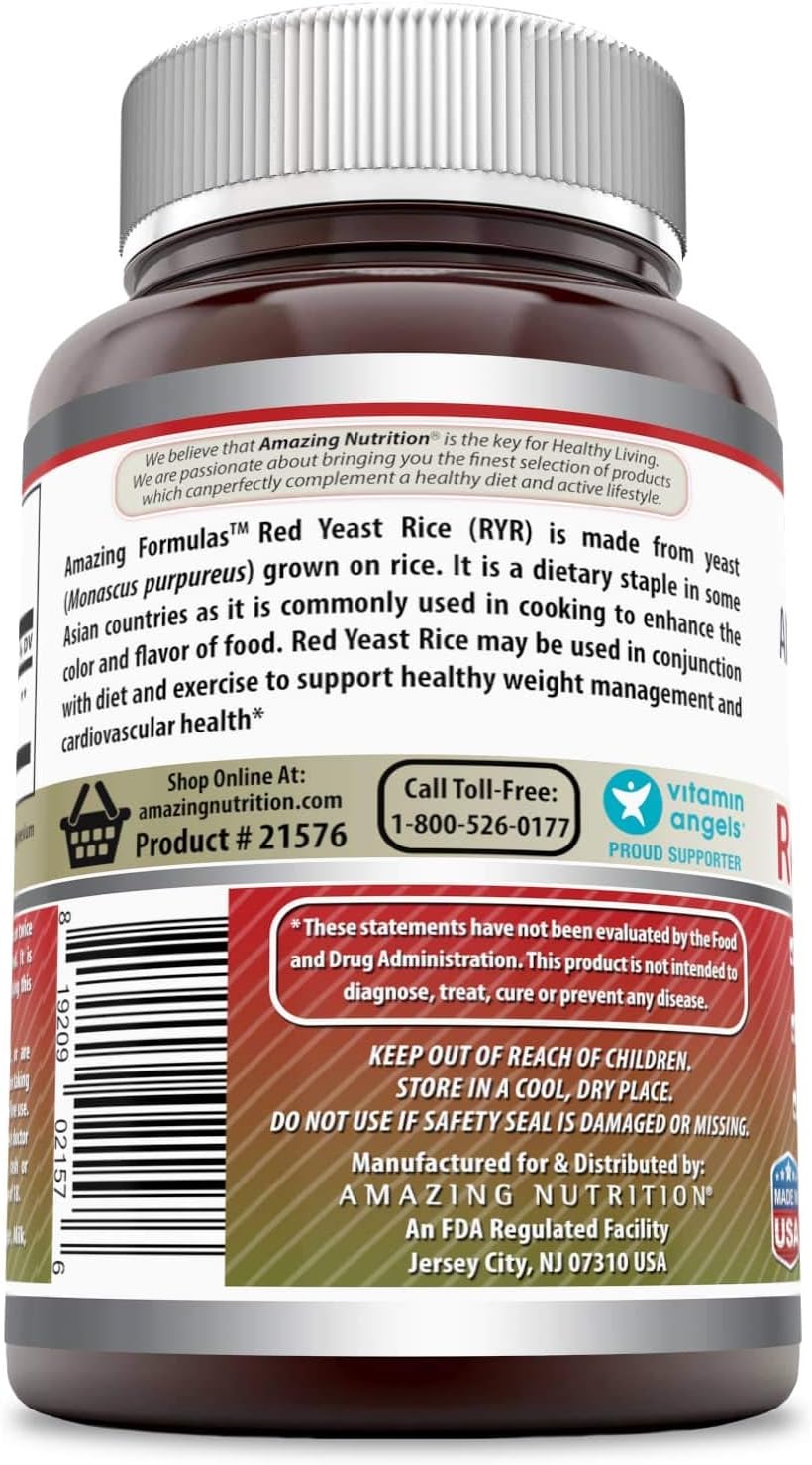 Amazing Nutrition Red Yeast Rice 1200mg Per Serving Capsules: Health & Personal Care