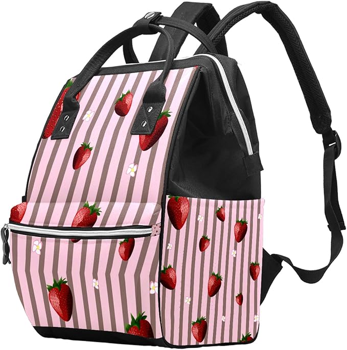 Pink Strawberry Line Striped Laptop Backpack Schoolbag,Mummy Bag Diaper