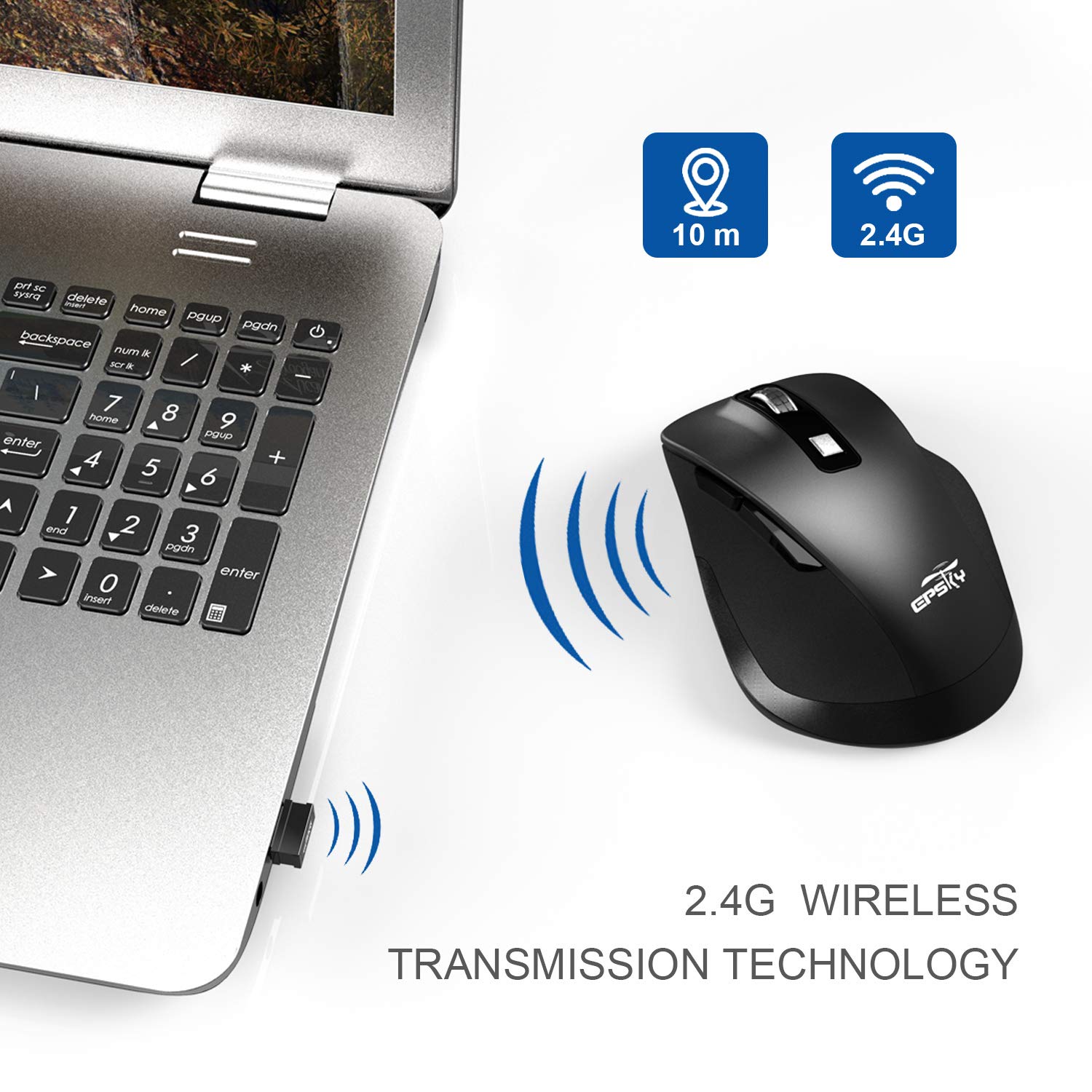 EPSKY 5 Adjustable DPI Levels, 6 Buttons 2.4G Wireless Mouse Portable Mobile Optical Mouse with USB Receiver, Orange