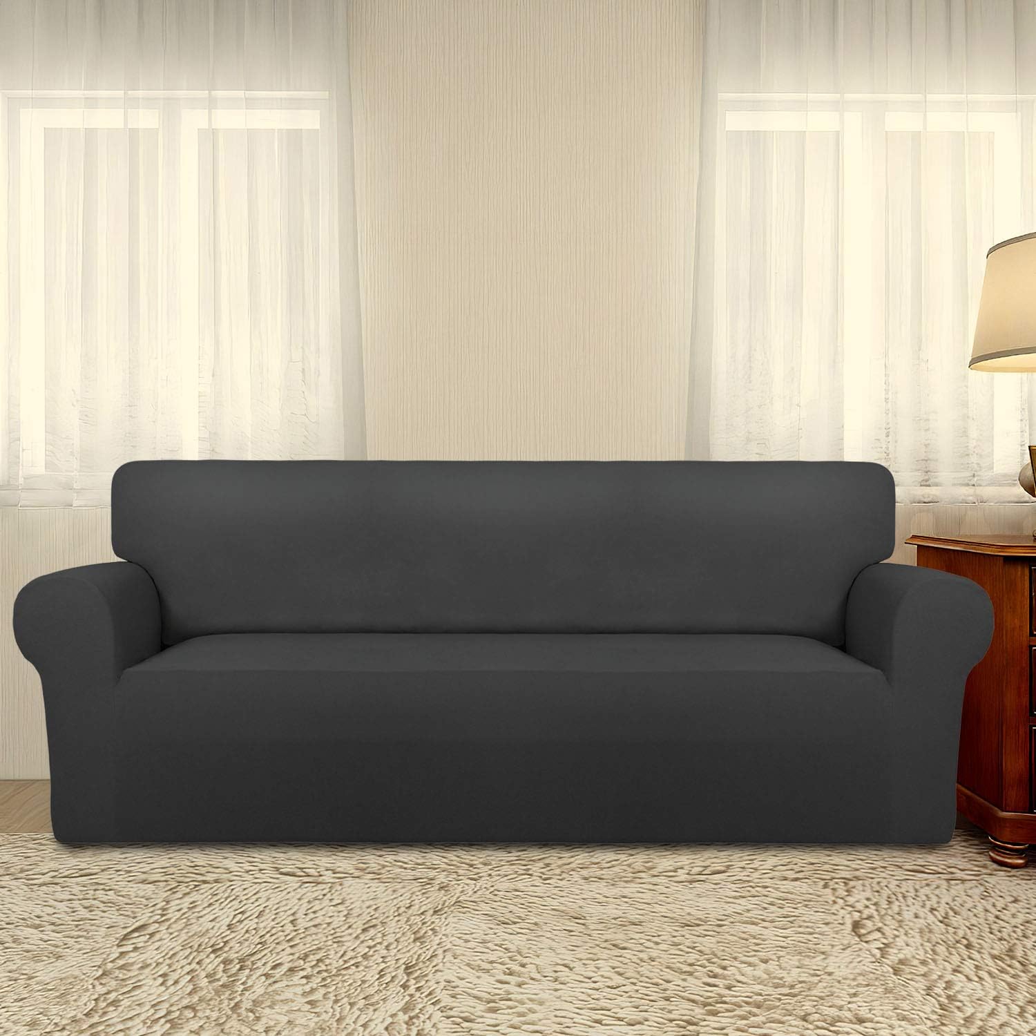 PureFit Super Stretch Chair Sofa Slipcover – Spandex Non Slip Soft Couch Sofa Cover, Washable Furniture Protector with Non Skid Foam and Elastic Bottom for Kids, Pets （Sofa， Dark Gray）: Home & Kitchen