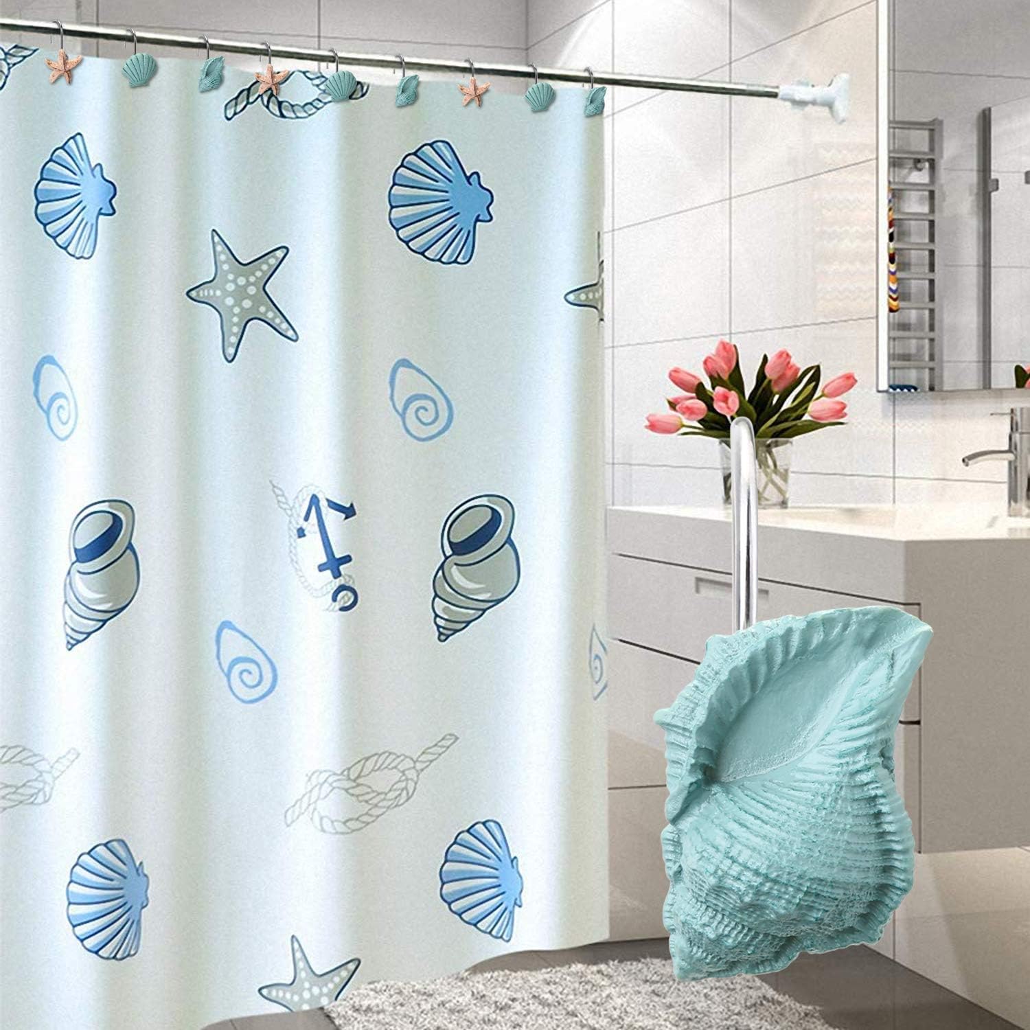 AGPTEK Shower Curtain Hooks, 12PCS Anti Rust Decorative Resin Hooks for Bathroom, Baby Room, Bedroom, Living Room Decor (Blue Seashell): Furniture & Decor