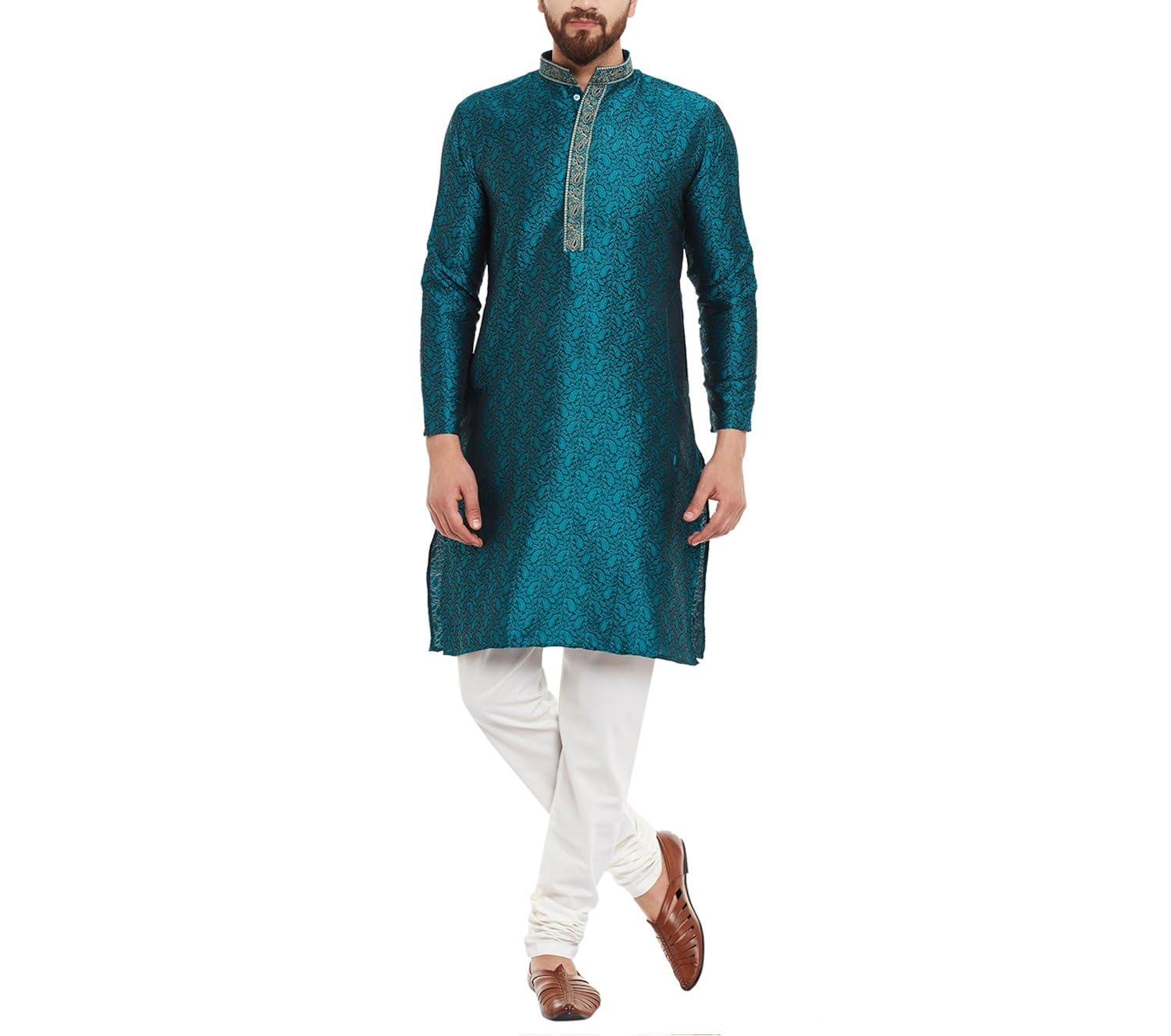 sojanya (since 1958) men's emerald green jacquard silk kurta & churidaar pyjama