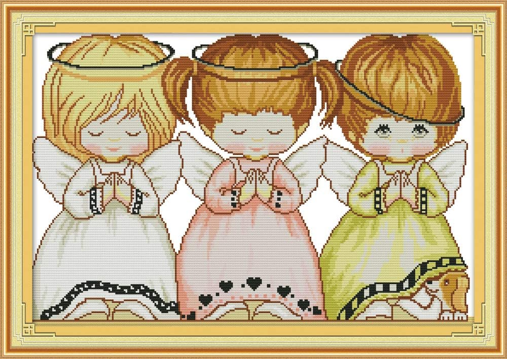 Full Range of Stamped Cross Stitch Kits, 100% Cotton DIY Embroidery Starter Kits DIY Needlework for Beginners Kids Adults - Three Little Angels 2 (Printed 11CT) 27.6''X 19.7''