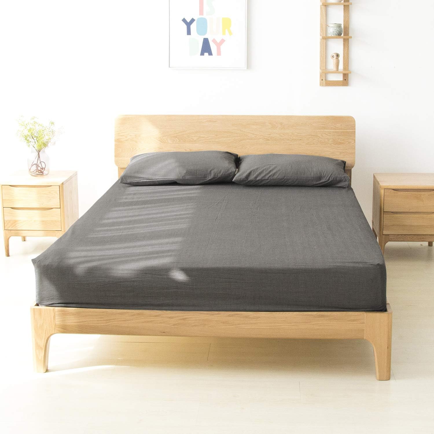 NTBAY Washed Cotton Fitted Sheet, Breathable and Hypoallergenic Deep Pocket Bed Sheet, King, Dark Grey: Home & Kitchen