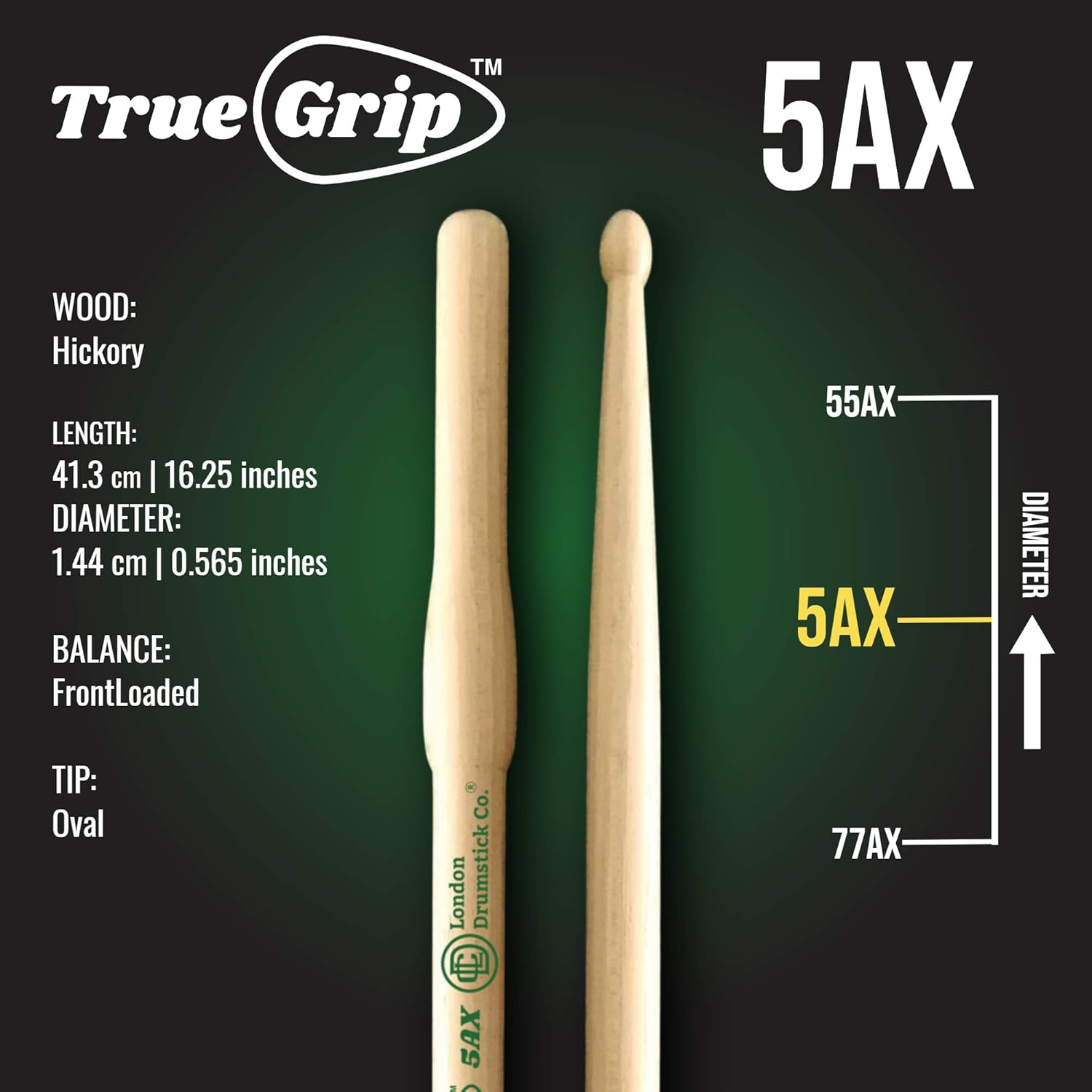 London Drumstick Company TrueGrip Series 5AX drumsticks, gripassist