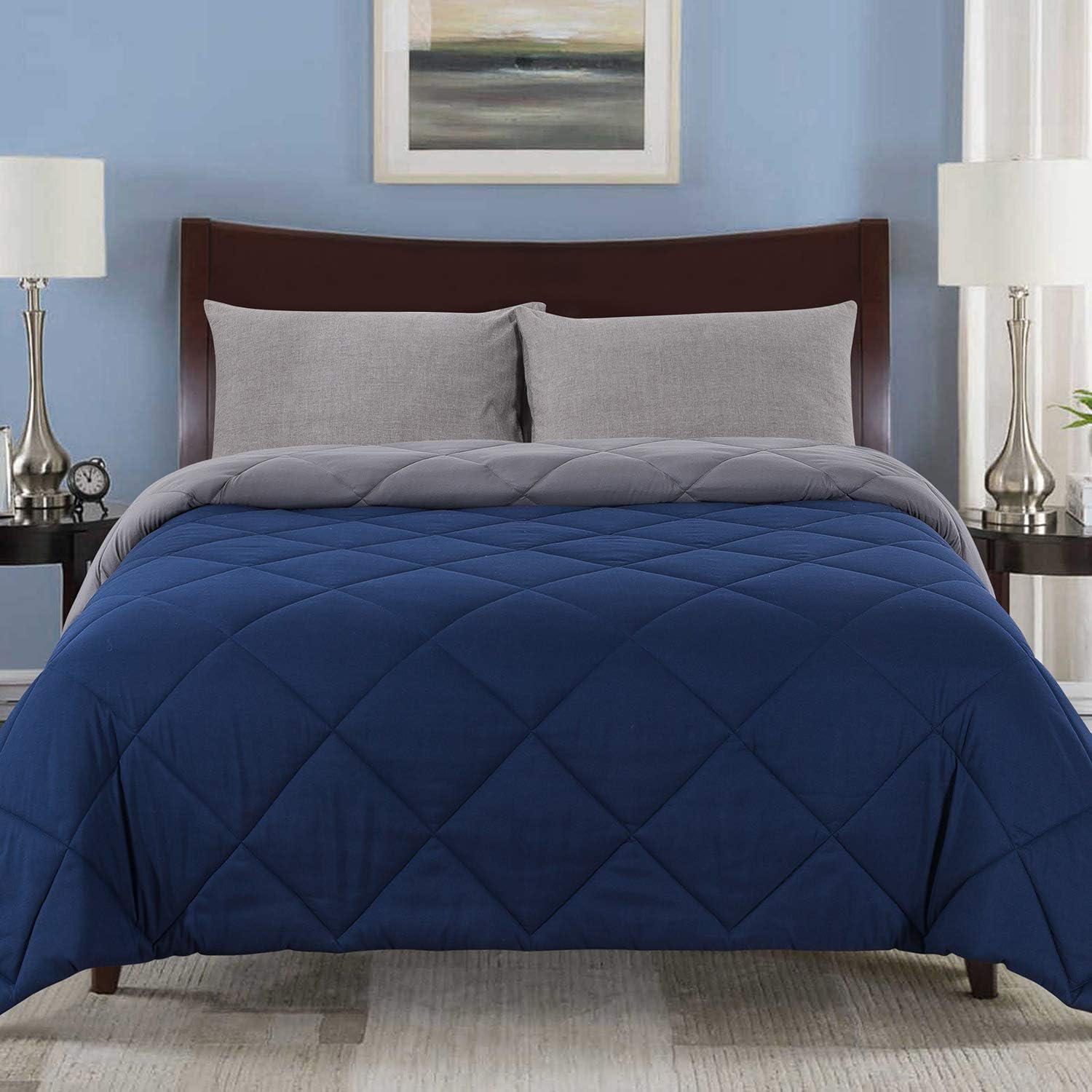 Cosybay Reversible Down Alternative Comforter Grey/Blue - Corner Duvet Tabs- Double Sided & Lighweight -All Season Duvet Insert-Stand Alone Comforter – Queen Size（88×92 Inch）: Kitchen & Dining