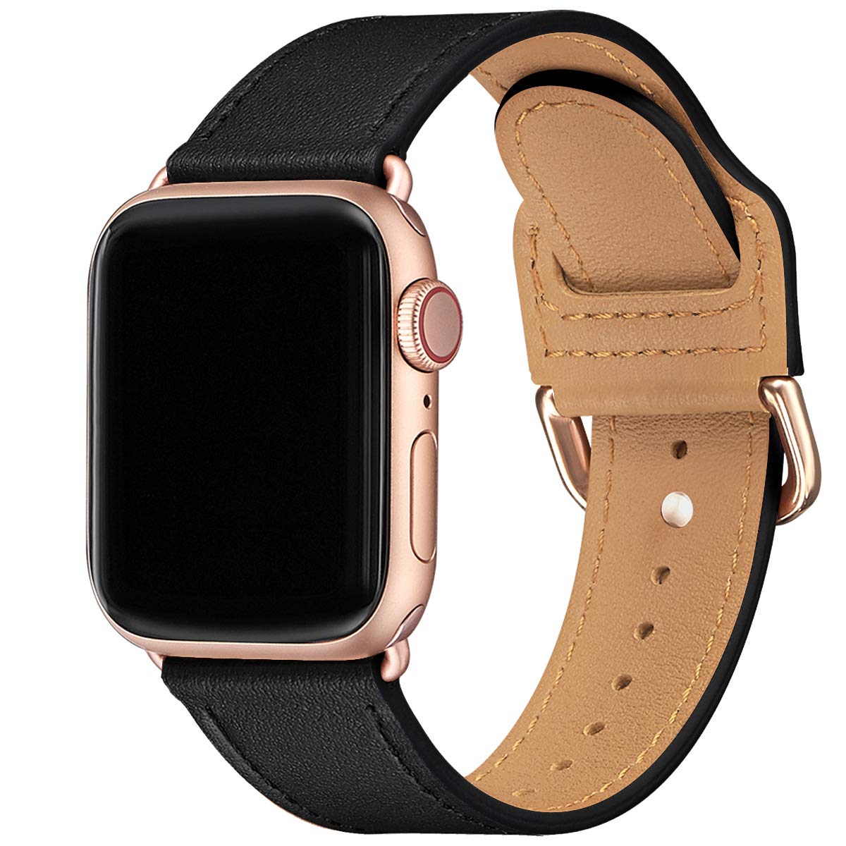 SUNFWR Strap Compatible with Apple Watch 38mm 40mm 42mm 44mm, Thin Genuine Leather Replacement starp, Multiple Colour Bands for iwatch Series 6/5/4/3/2/1,SE,Women Men Edition(42mm 44mm,Black/Rosegold)