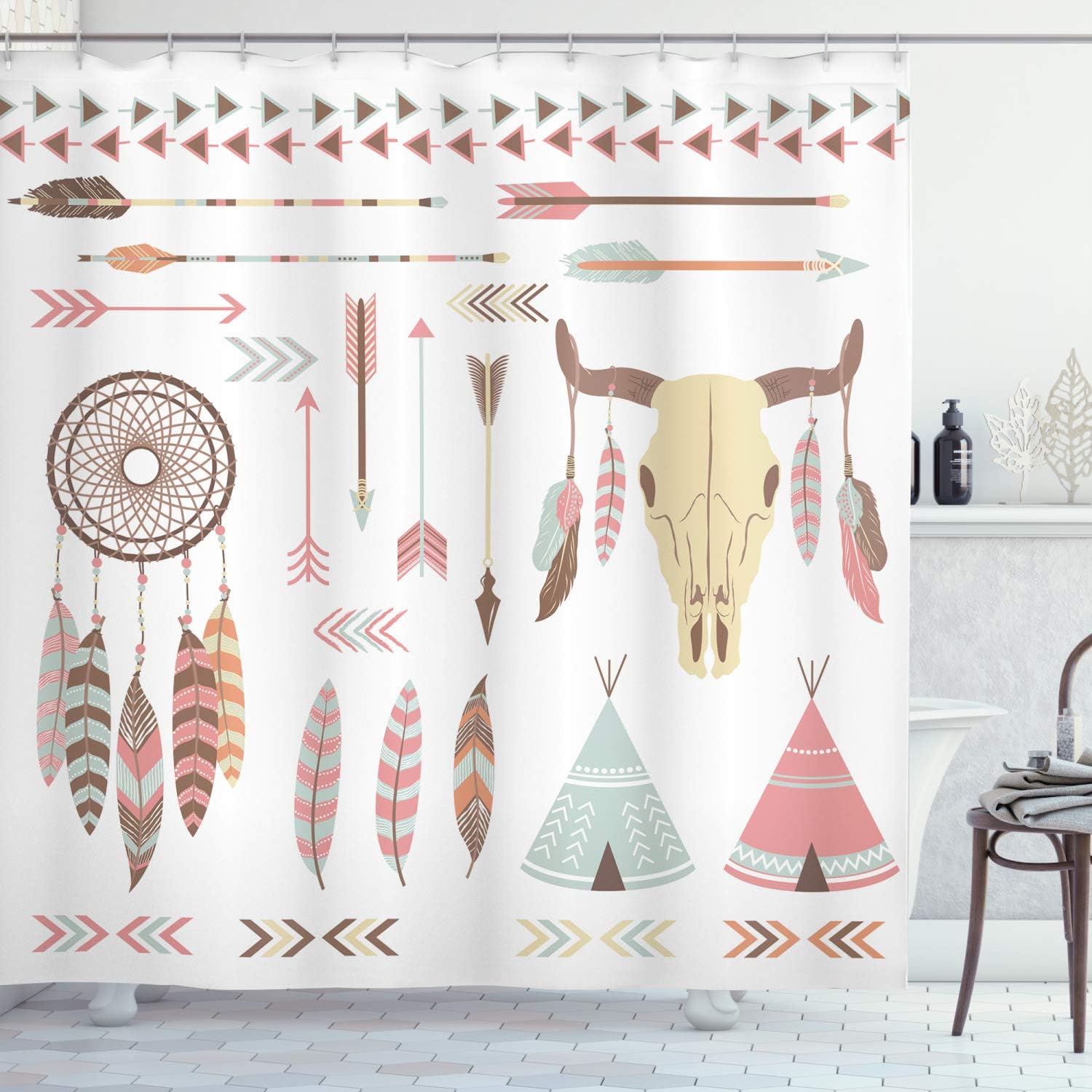 Ambesonne Native American Shower Curtain, Tribal Ethnic Elements Dreamcatcher Mountain Goat Feather Arrow Indie Print, Cloth Fabric Bathroom Decor Set with Hooks, 70 Inches, Pale Seafoam