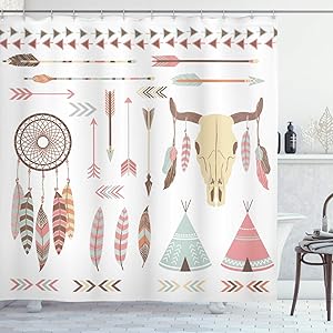 Ambesonne Native American Shower Curtain, Tribal Ethnic Elements Dreamcatcher Mountain Goat Feather Arrow Indie Print, Cloth Fabric Bathroom Decor Set with Hooks, 70 Inches, Pale Seafoam