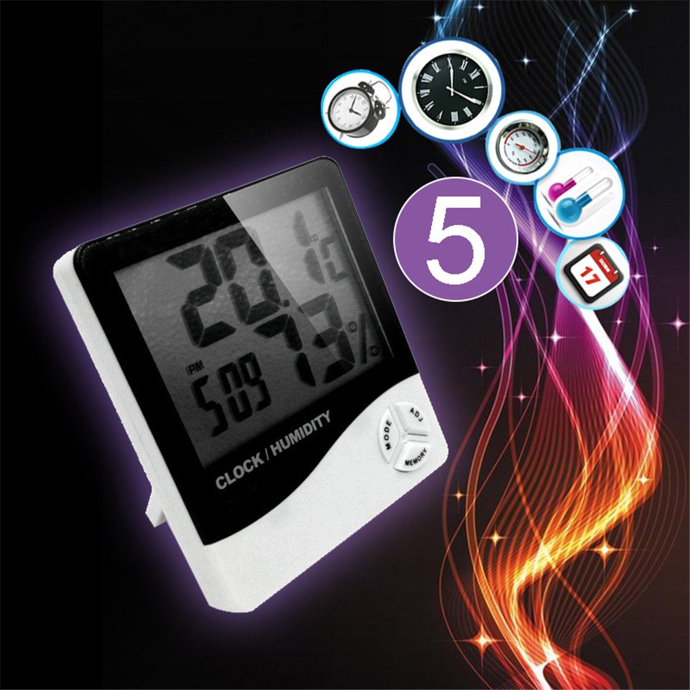 Ovovo Multifunctional LCD Digital Hygrometer Thermometer Indoor Outdoor Humidity Thermometer Clock Calendar °C/°F Switchable with MIN/MAX Records