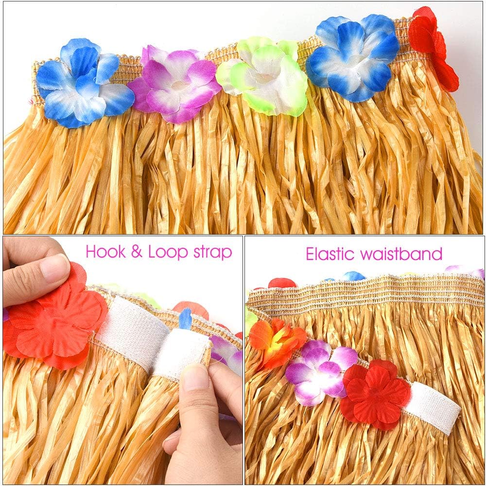 FEPITO Hawaiian Grass Hula Skirts Sets Include Flower Leis Necklace Headband Bracelets Luau Skirts for Hawaii Costume Tropical Luau Birthday Party Supplies (1 Set) - Image 5