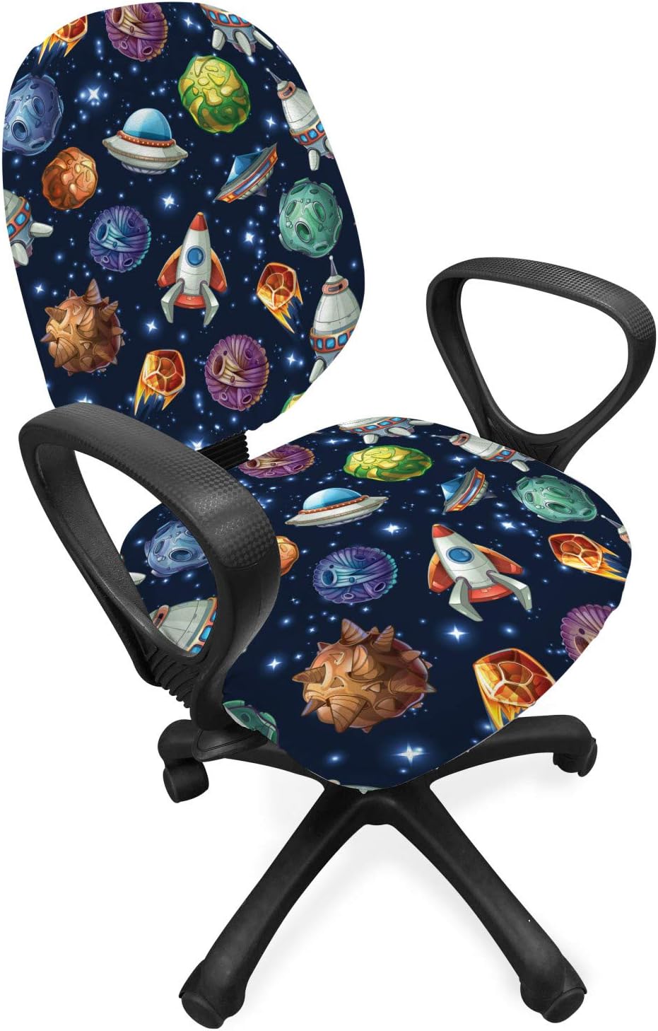 Lunarable Outer Space Office Chair Slipcover, Comic Style Cosmos Elements Alien Planets and Spaceships, Protective Stretch Decorative Fabric Cover, Standard Size, Navy Blue