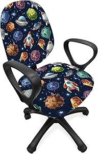 Lunarable Outer Space Office Chair Slipcover, Comic Style Cosmos Elements Alien Planets and Spaceships, Protective Stretch Decorative Fabric Cover, Standard Size, Navy Blue