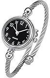 Top Plaza Womens Fashion Silver Tone Analog Quartz Bangle Cuff Bracelet Wrist Watch, Unique Elegant Stainless Steel Wire Band, Arabic Numerals - White