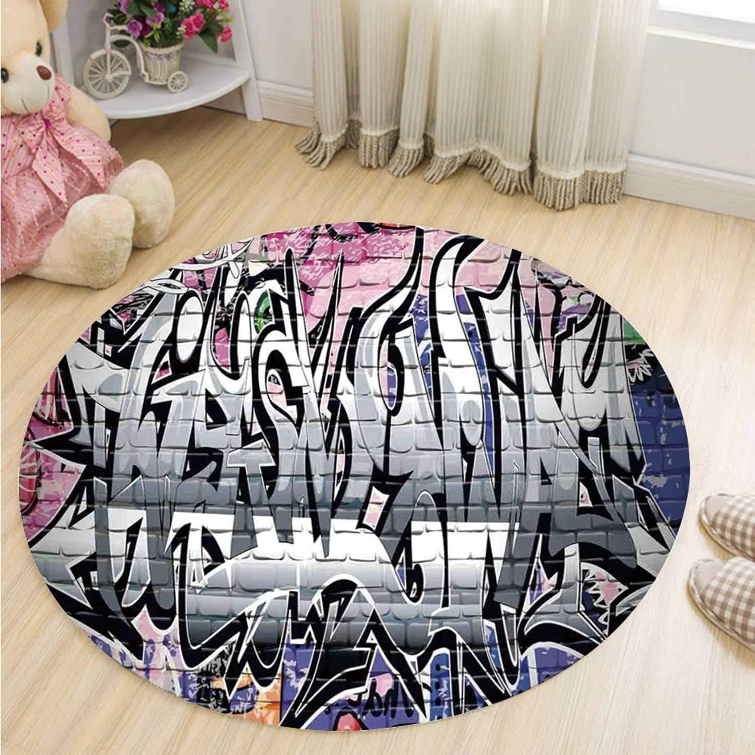 MOOCOM Rustic Home Decor Utility Round Mat,Graffiti Grunge Art Wall Several Creepy Underground City Urban Landscape Print for Door,28''R