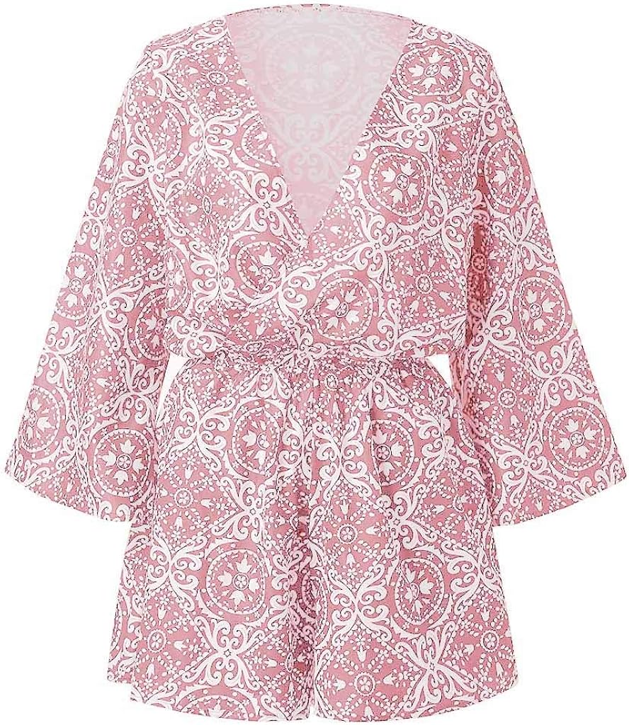 STORTO Womens Summer Jumpsuit Ladies Causal Long Sleeve V Neck Boho Rompers Playsuit Holiday Mini Jumpsuit Bodysuits: Clothing