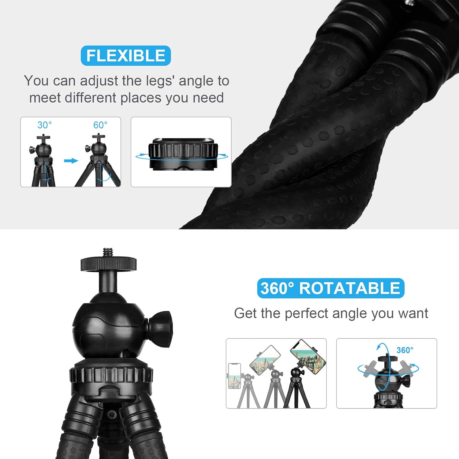 Tripod for iPhone/Android Phone, Goofoto Flexible Phone Tripod with Wireless Remote, Bendable Smartphone Tripod Mini Vlogging Tripod Stand Holder for Camera Mobile Cell Phone(Upgraded) : Camera & Photo