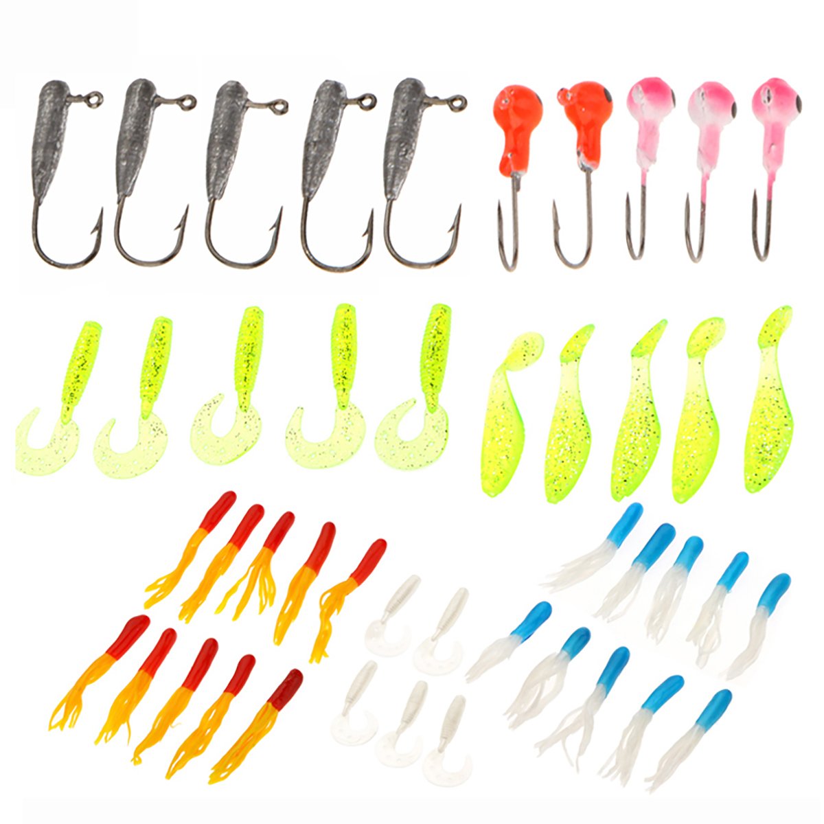 LONGQI 35 Pcs gummiködern und 100 Führen Kopf lureshooks Angelköder Set