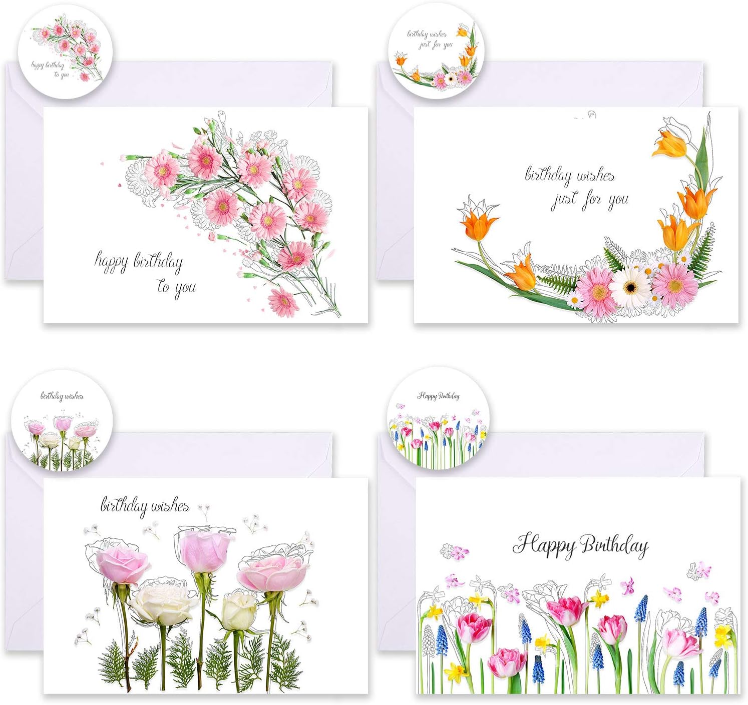 Whaline 12 Pack Birthday Card with Envelope and Sticker 4 Floral