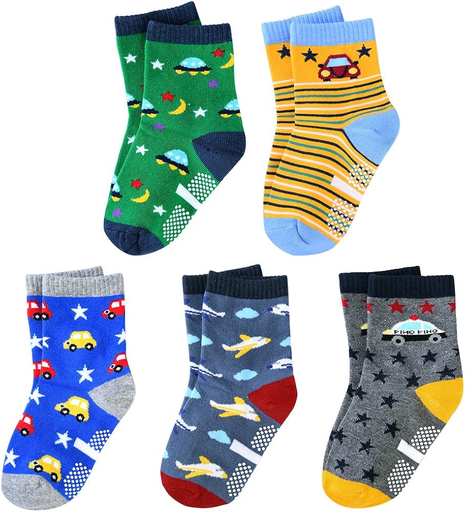 Boys Crew Socks Non Slip Ankle Socks Athletic Socks with Cartoon Car Pattern 5 Pair: Clothing