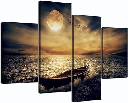 Amazon Com 4 Panels Modern Wall Art Painting On Canvas Full Moon A Boat On The Sea Landscape View Artwork For Living Room Bedroom Wall Decor Stretched And Framed Ready To Hang For