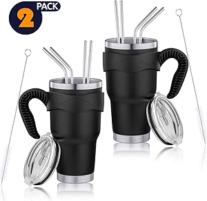 30oz Stainless Steel Tumbler, Vacuum Insulated Tumbler with Lid, Straw, Handle, Travel Mug Works Great for Ice Drink, Hot Beverage (Black, 2 Pack)