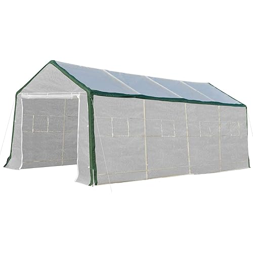 Outsunny 20' x 10' x 8' Large Walk-in Greenhouse with Roll Up Door, 8 Closeable Windows, & Weather PE Cover, White