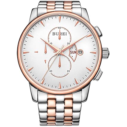 BUREI Mens Chronograph Wirst Watches Stainless Steel Multifunction Analog Quartz with Rose Gold Hand