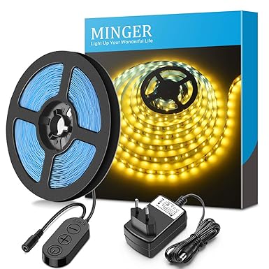 Minger 5m Dimmbar LED Strip, LED Streifen Kit, 3500K warmweiß, 300 SMD 2835 LEDs Lichtband mit Netzteil, 12V Ledleiste Beleuc