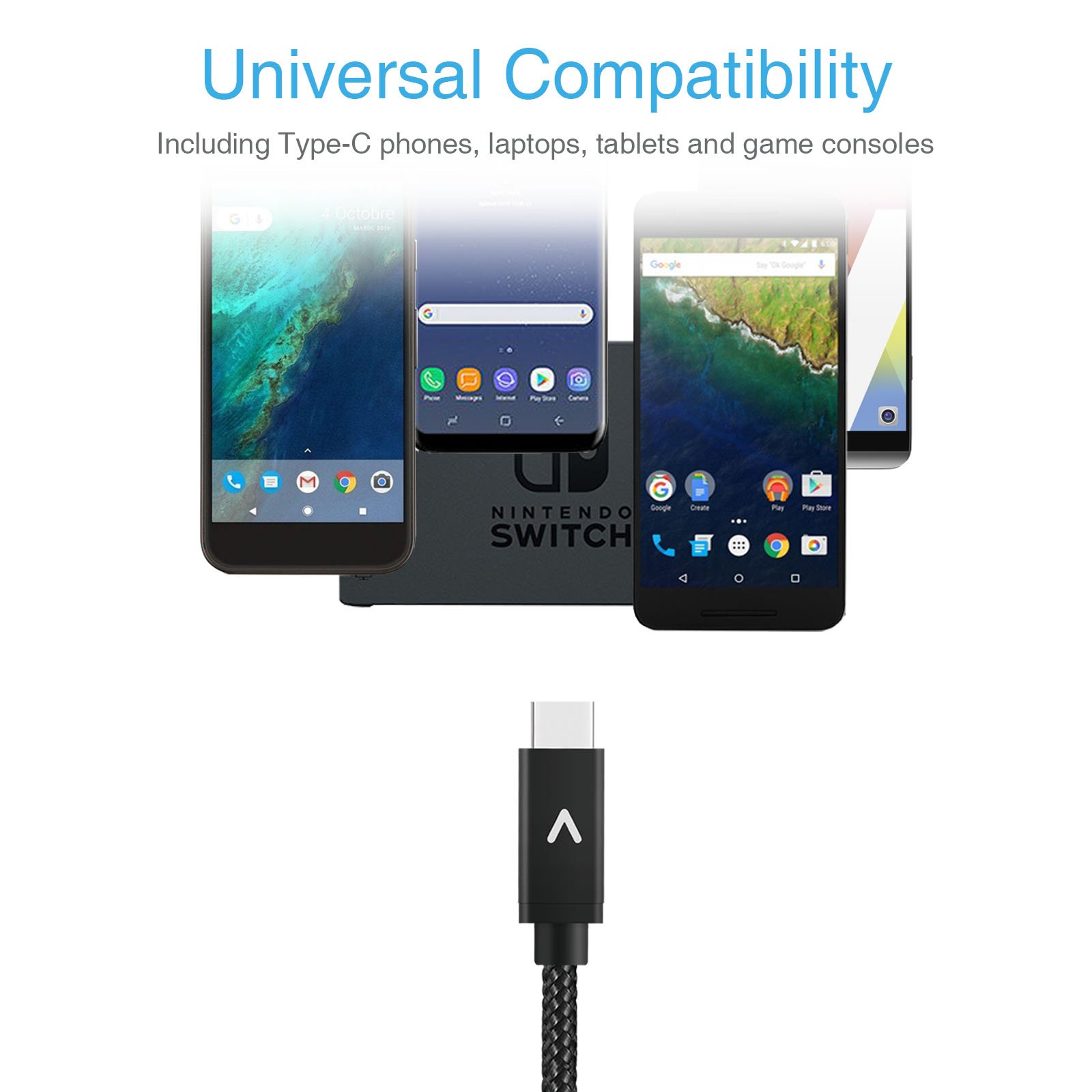 USB-C to USB 3.0 Type-C Cable (6ft) Voltmax high speed charging&syncing Nylon-Braided for Samsung Galaxy S8, Google Pixel, Nexus 6P 5X, LG G5 V20, HTC 10, Nokia N1 &more(Black)