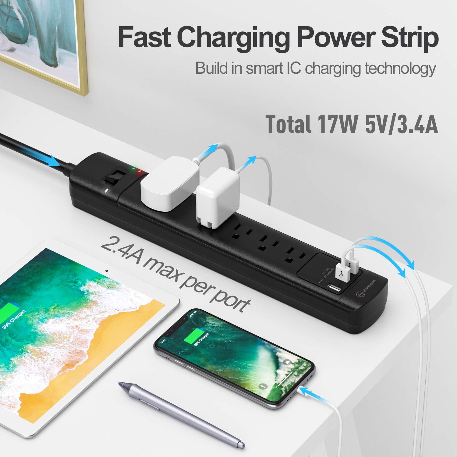 Surge Protector with USB Ports, Witeem Power Strip 5 Outlets and 3 USB Ports, 5V/3.4A Flat Plug, 2100 Joules, 6 Feet Long Extension Cord for iPhone iPad PC Home Office Travel, ETL Listed, Black: Home Audio & Theater