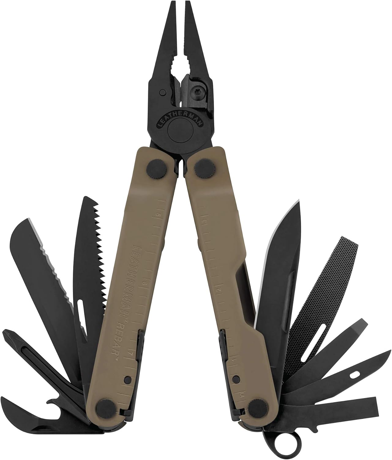 Leatherman Rebar Multi-Tool - 17 All-Tools for DIY & Camping, Black Stainless Steel, Brown