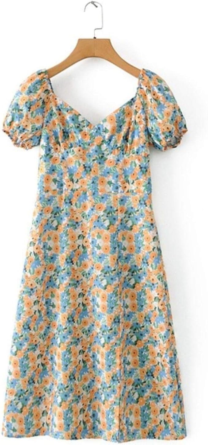 2021 Women Print French Style Summer Dress Puff Short Sleeve Ladies