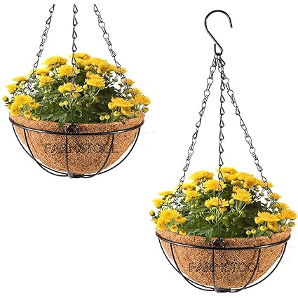 FARMSTOOL Coir Garden Hanging Flower Basket Pots 10INCH 2 Pcs Metal Chain Basket for Balcony Gardening Decoration Plants Indoor Outdoor