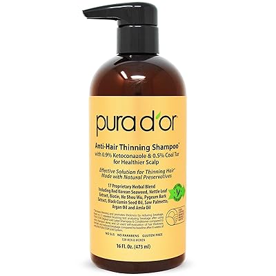 PURA D&rsquo;OR Anti-Hair Thinning Shampoo w/ 0.9% KETO-CONAZOLE &amp; 0.5% Coal Tar, Biotin Shampoo for Thinning Hair and Healthier Scalp - Sulfate Free, Men &amp; Women, 16 Fl Oz (Packaging May Vary)