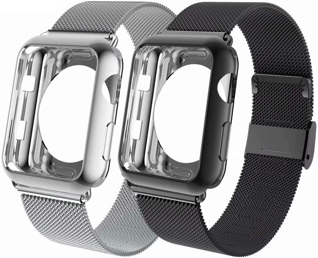 OHCBOOGIE Compatible with Apple Watch Band 38mm 40mm 42mm 44mm with Screen Protector Case, Wristband Loop Replacement Band Compatible Iwatch Series 6/SE/5/4/3/2/1,2pack