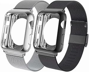OHCBOOGIE Compatible with Apple Watch Band 38mm 40mm 42mm 44mm with Screen Protector Case, Wristband Loop Replacement Band Compatible Iwatch Series 6/SE/5/4/3/2/1,2pack