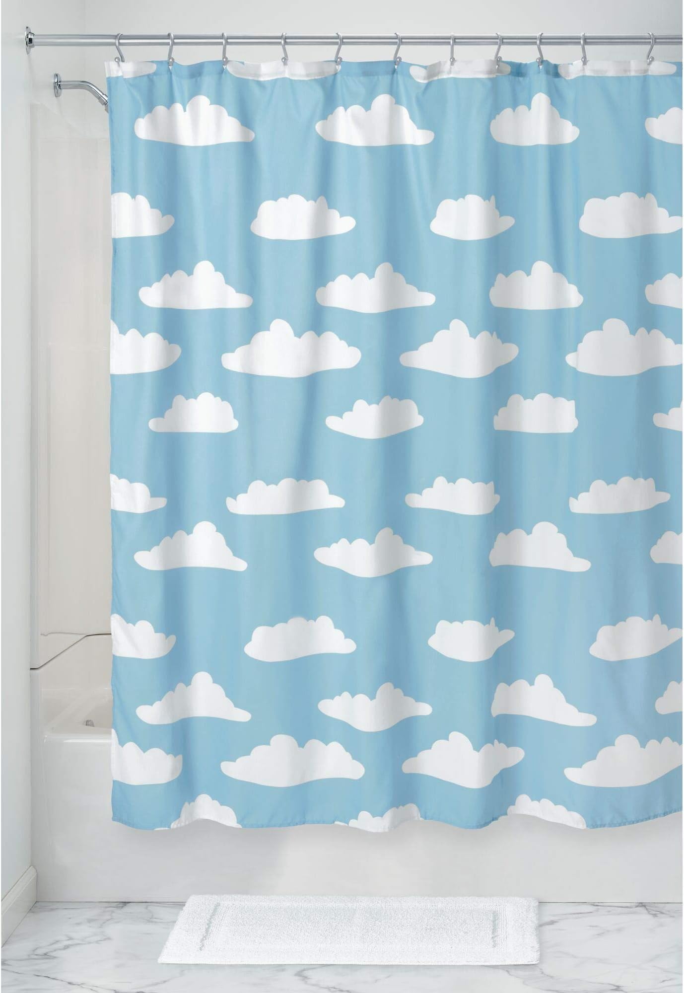 iDesign Fabric Shower Curtain with Cloud Pattern Water-Resistant Shower Curtain for Kids, Teenagers, College Dorm Bathrooms, 72" x 72", Blue and White