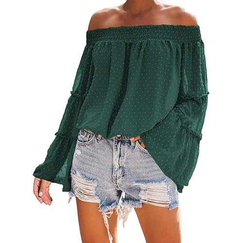 Asvivid Womens Swiss Polka Printed Smocked Off The Shoulder Tops Summer Flared Bell Sleeve Chiffon Blouses T-Shirt
