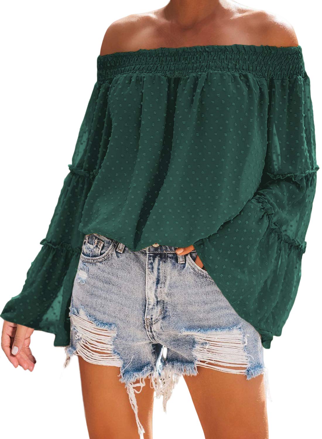 Asvivid Womens Swiss Polka Printed Smocked Off The Shoulder Tops Summer Flared Bell Sleeve Chiffon Blouses T-Shirt