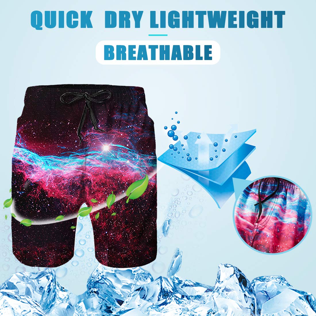 TUONROAD Outdoor Water Sports Trunks Black Galaxy Space Surfing Bathing Suit Boardshorts with Pocket Funny Printed Beach Swim Trunks Shorts with Side Pocket