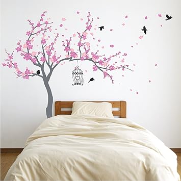 Japanese Cherry Blossom Birdhouse And Tree Large Wall Decal Sticker Diy Nursery Room Decor Art Shades Of Pink 72x92 Inches