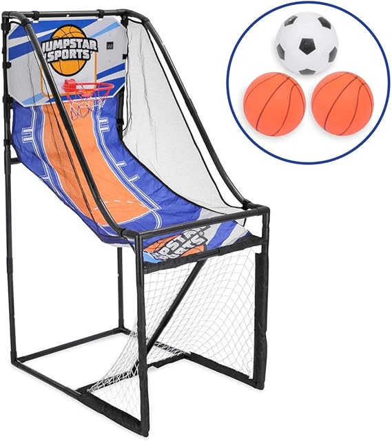 JUMPSTAR SPORTS Indoor Basketball Game For Kids, Football Goal Basketball Hoop 2 In 1